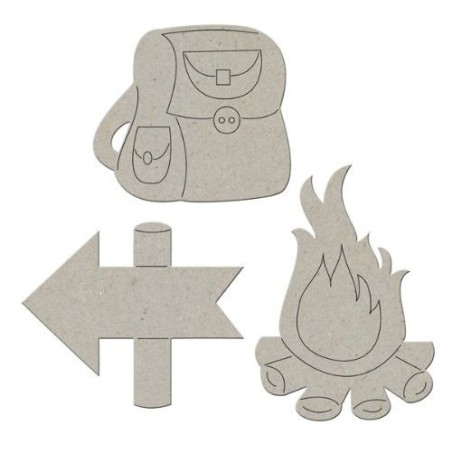 Set de camping: mochila, fogata y señal