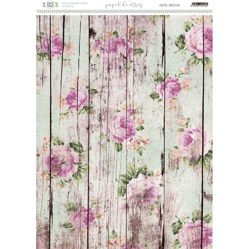 Papel de arroz adhesivo. Madera y rosas. 29.7x 42 cm | L'aura Bella