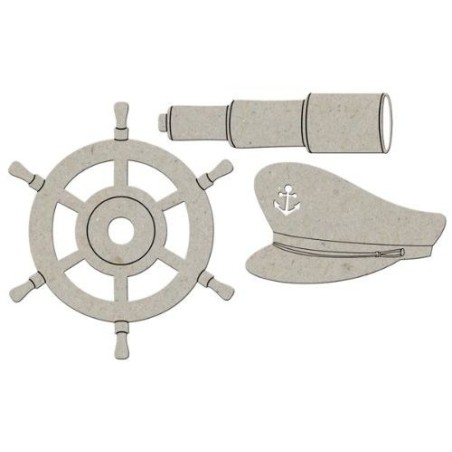 Sombrero de capitán, catalejo y timón