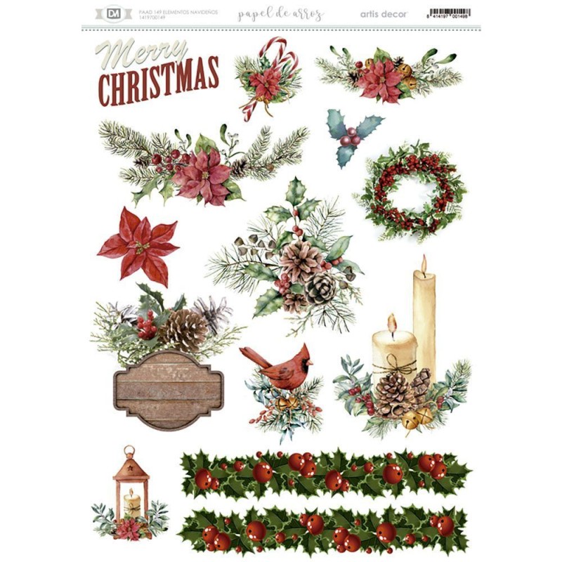 Papel de arroz: elementos Navideños. 29.7x 42 cm | L'aura Bella