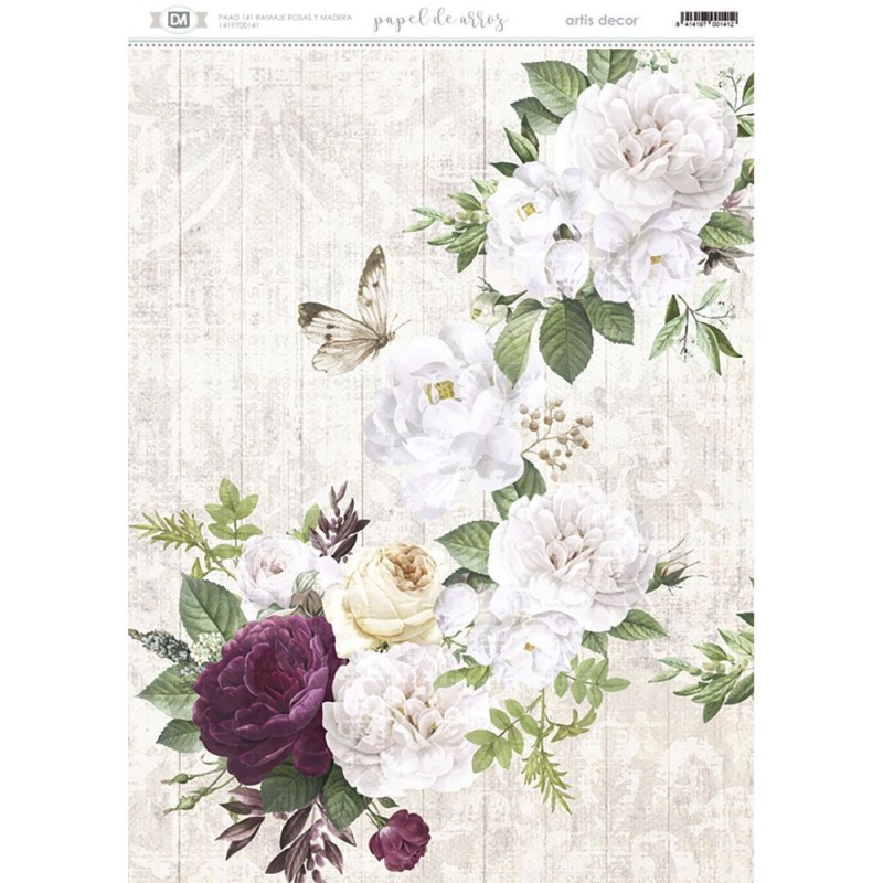 Papel de arroz: Ramaje Rosas y Madera. 29.7x 42 cm | L'aura Bella