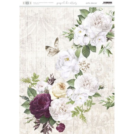 Papel de arroz: Ramaje Rosas y Madera. 29.7x 42 cm | L'aura Bella