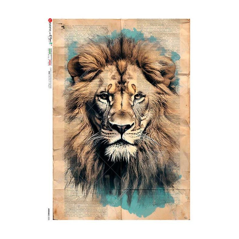 León sobre fondo de periódico. Papel de arroz A3 | L'aura Bella