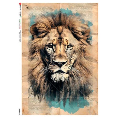 León sobre fondo de periódico. Papel de arroz A3 | L'aura Bella