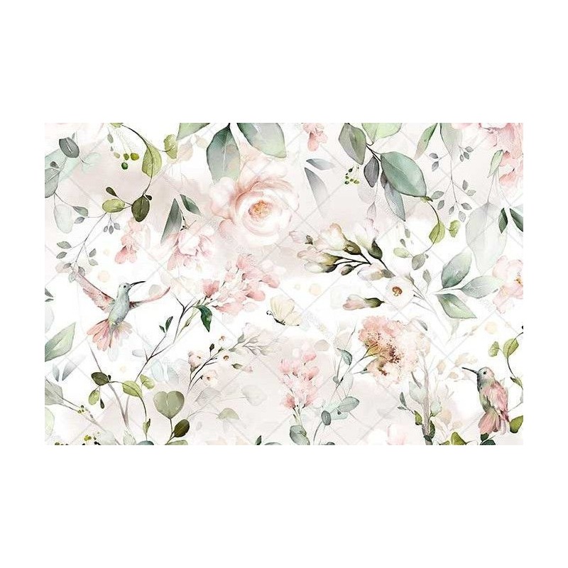 Flores rosas, plantas y pájaros. Papel de arroz A2 | L'aura Bella