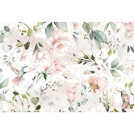 Flores rosas, plantas y pájaros. Papel de arroz A2 | L'aura Bella