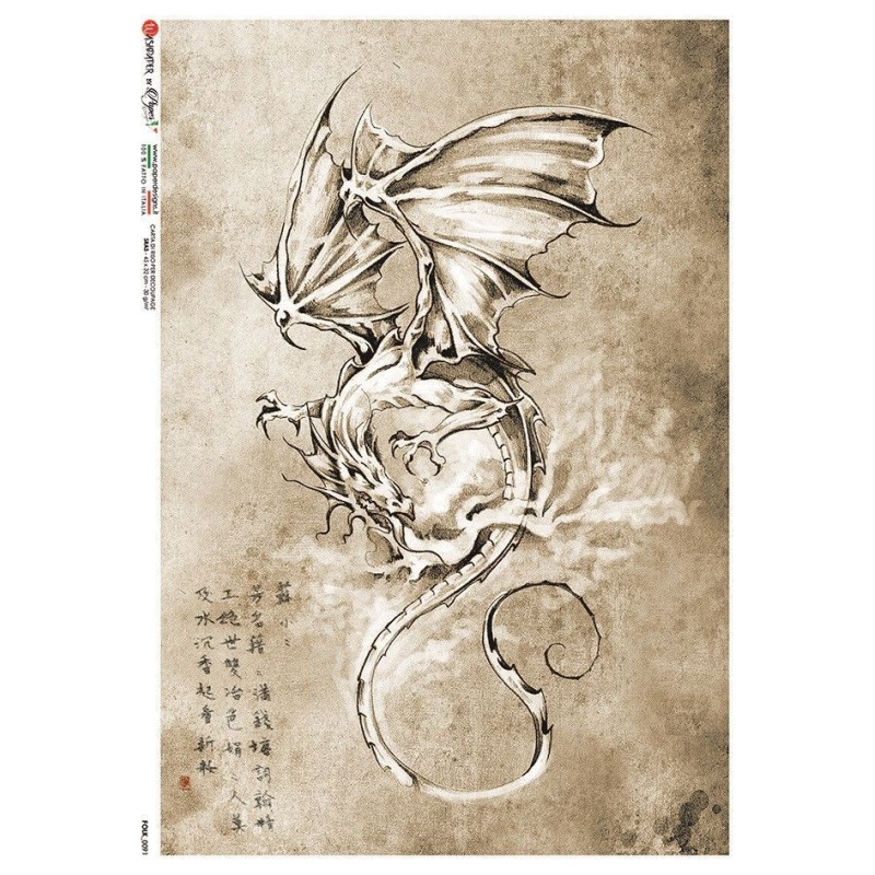 Dragón, dibujo. Papel de arroz A4, 22x32 cm | L'aura Bella