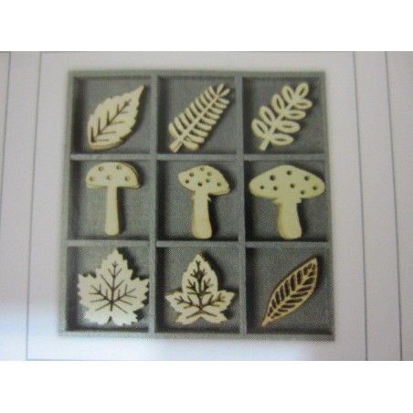 9 decoraciones de madera. Hojas y setas.