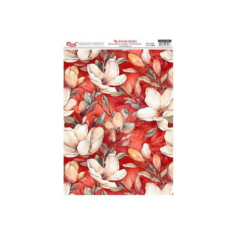 Magnolias en fondo rojo. Papel arroz 29.7x42cm. 17823 | L'aura Bella