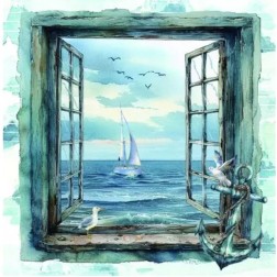 Servilleta decoupage: Ventana con vistas al mar. 33x33cm | L'aura Bella