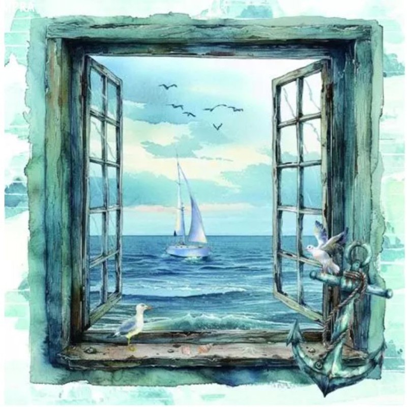 Servilleta decoupage: Ventana con vistas al mar. 33x33cm | L'aura Bella