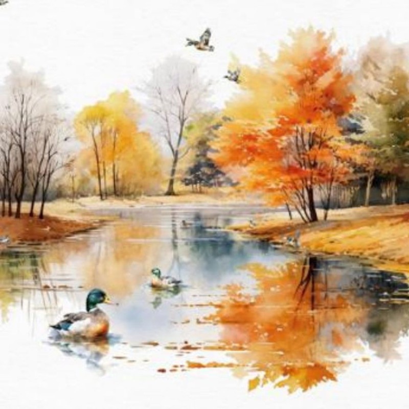 Servilleta decoupage: Paisaje otoñal con patos. 33x33cm | L'aura Bella
