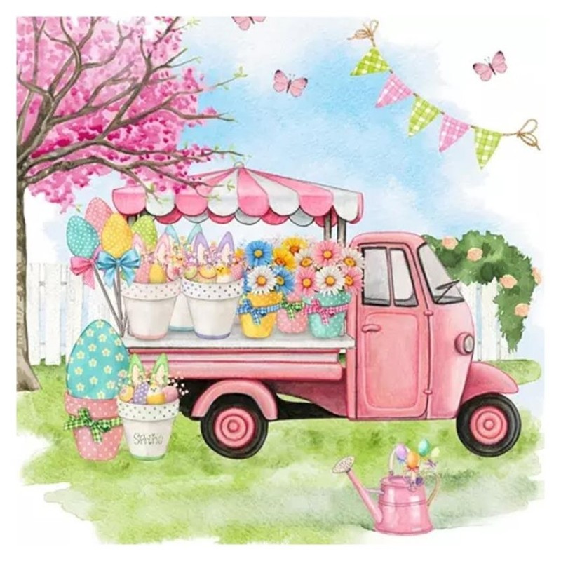 Servilleta decoupage: Motocarro rosa con flores. 33x33cm | L'aura Bella