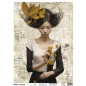 Mujer con hojas y mariposas. Papel de arroz SOFT japonés, A3.