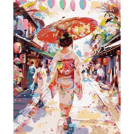 Pintar por números: Chica con Yukata en la Calle Festiva. 40 x 50 cm. Lienzo sobre Bastidor. Figured'Art