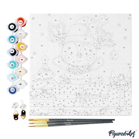 Pintar por números MINI sobre Bastidor: Oso con regalos de Navidad. 20x20cm. Figured'Art