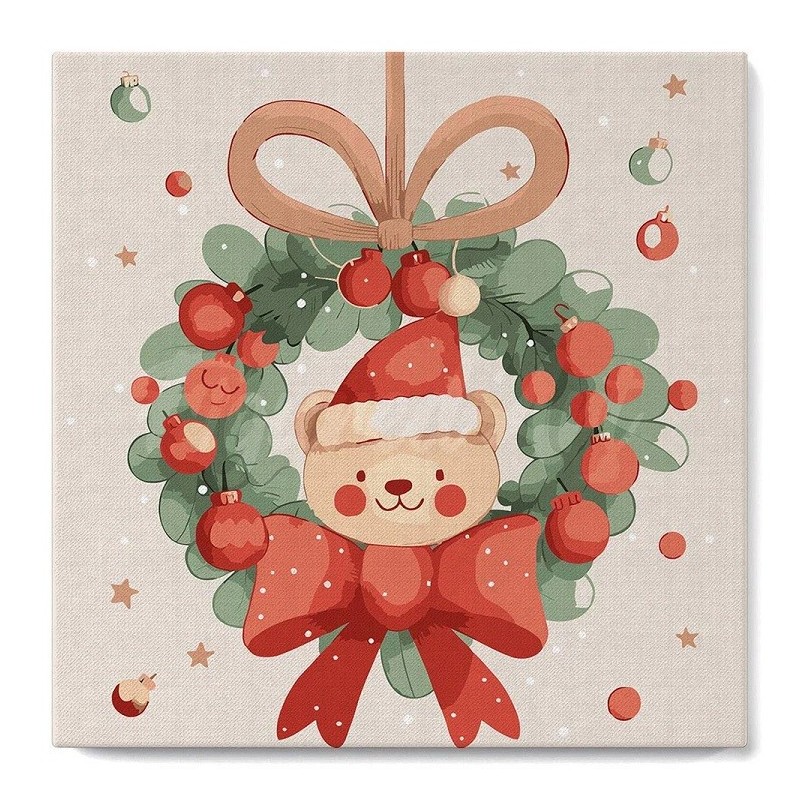 Pintar por números MINI sobre Bastidor: Oso y Corona Navideña. 20x20cm. Figured'Art