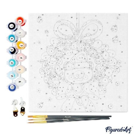 Pintar por números MINI sobre Bastidor: Oso y Corona Navideña. 20x20cm. Figured'Art