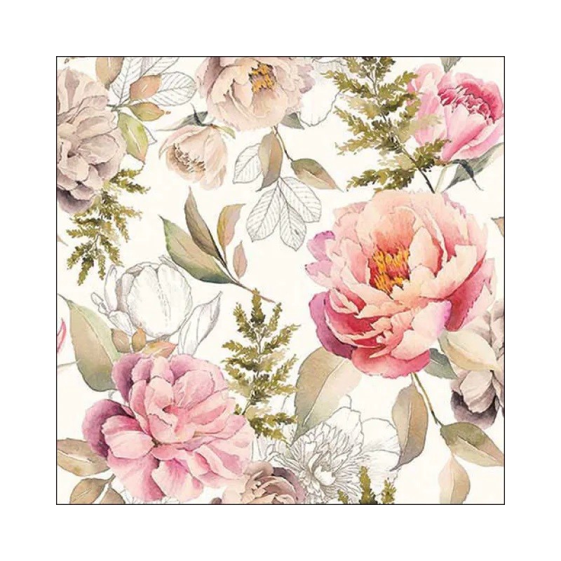 Servilleta para decoupage: Peonias sobre fondo crema. 30x30 cm