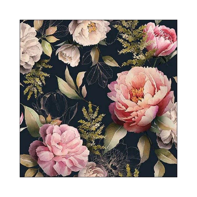 Servilleta para decoupage: Peonias sobre fondo negro. 30x30 cm