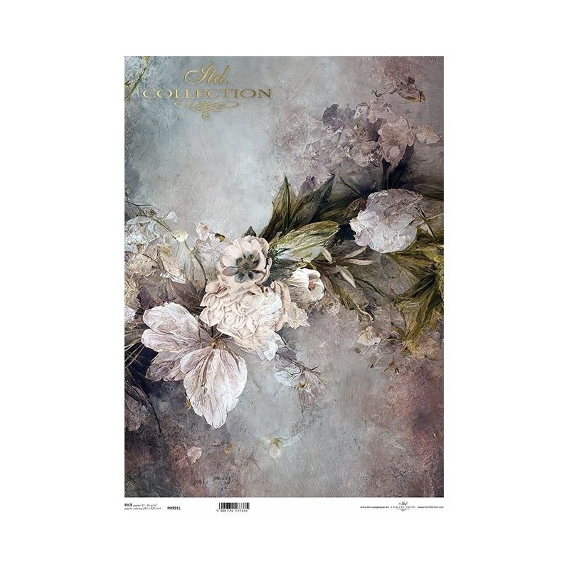 Flores blancas. Papel de arroz A3 para decoupage. ITD Collection. R0991L Flores blancas. Papel de arroz A3 para decoupage. ITD Collection. R0991L