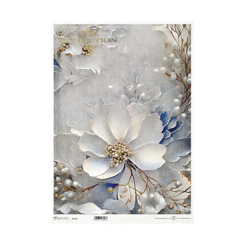 Flores blancas. Papel de arroz A3 para decoupage. ITD Collection. R1179L Flores blancas. Papel de arroz A3 para decoupage. ITD Collection. R1179L