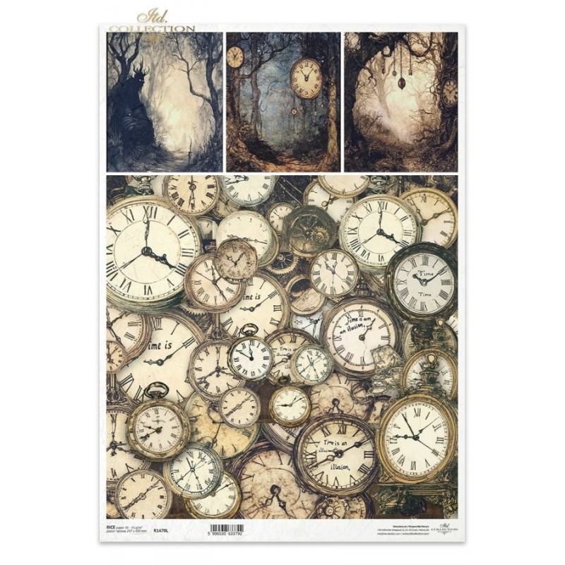Relojes y paisajes. Papel de arroz A3 para decoupage. Colección Alicia. ITD Collection. R1470L