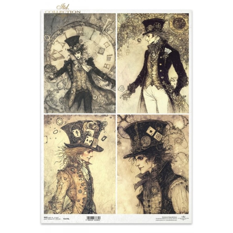 El Sombrerero Loco, 4 imágenes. Papel de arroz A3 para decoupage. Colección Alicia. ITD Collection. R1476L