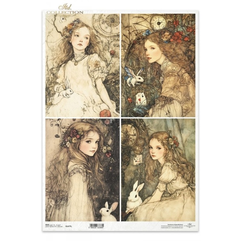 Alicia y el Conejo blanco, 4 imágenes. Papel de arroz A3 para decoupage. Colección Alicia. ITD Collection. R1477L