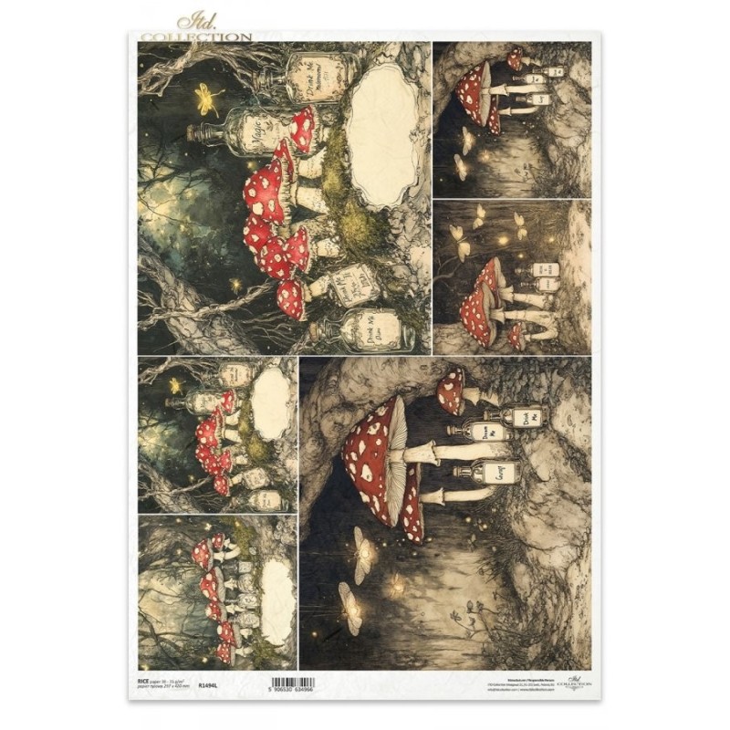 Setas y botellas, 6 imágenes. Papel de arroz A3 para decoupage. Colección Alicia. ITD Collection. R1485L Setas y botellas, 6 imágenes. Papel de arroz A3 para decoupage. Colección Alicia. ITD Collection. R1485L