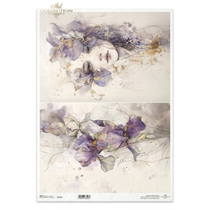 Mujer y flores malvas. Papel de arroz A3 para decoupage. ITD Collection. R1541L