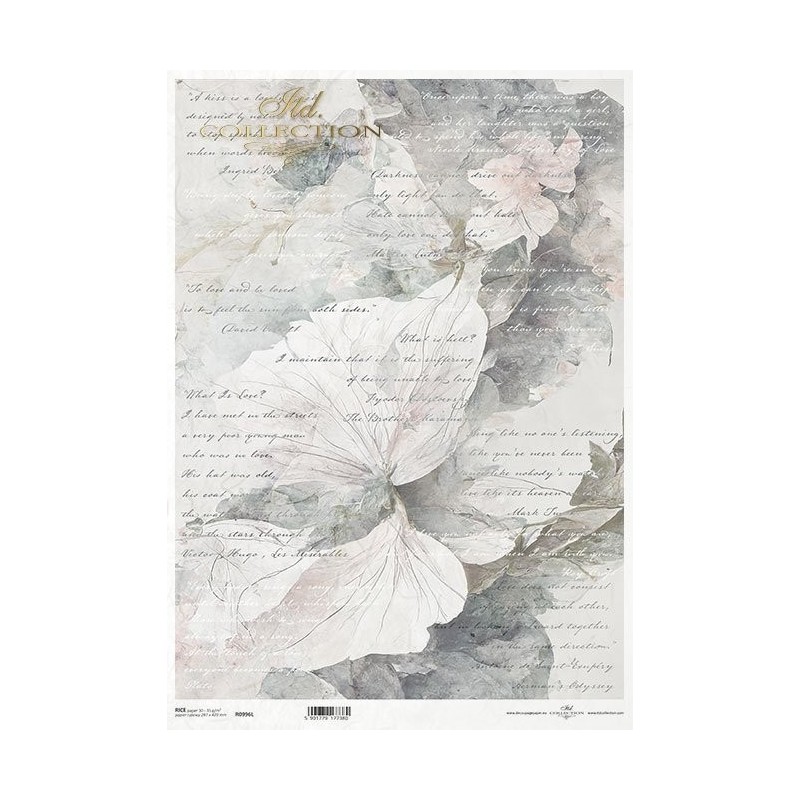 Flores y texto. Papel de arroz A3 para decoupage. ITD Collection Flores y texto. Papel de arroz A3 para decoupage. ITD Collection