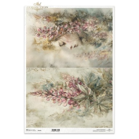 Mujer y lupinos. Papel de arroz A3 para decoupage ITD | L'aura Bella