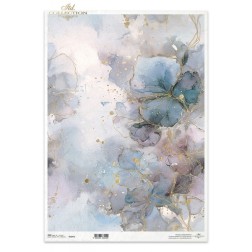 Flores azuladas y doradas. Papel de arroz A3 para decoupage ITD | L'aura Bella