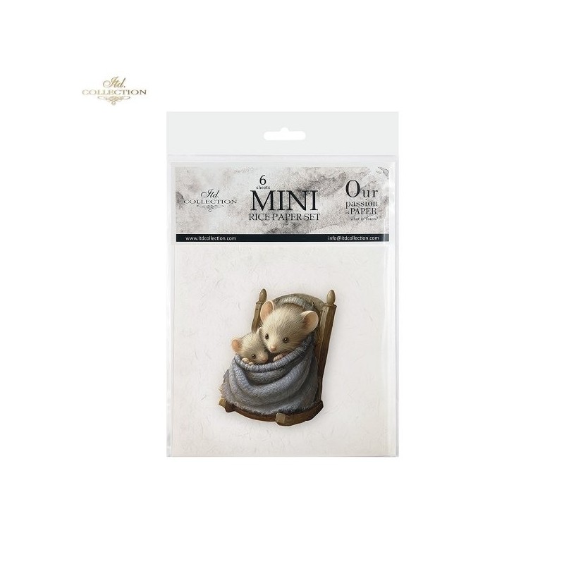 Ratoncitos sobre fondo blanco. Set de 6 papeles de arroz para decoupage, 14.8 x 14.8 cm. ITD
