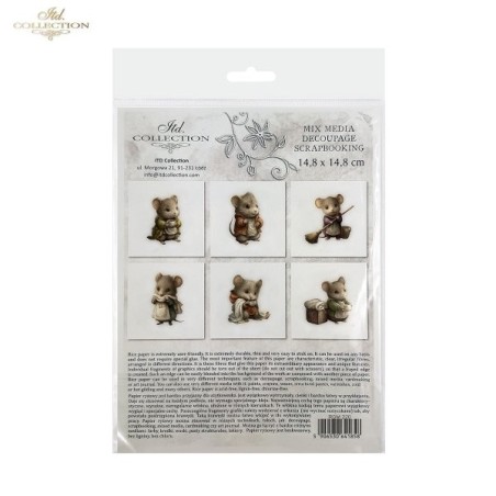 Ratoncitos sobre fondo blanco II. Set de 6 papeles de arroz para decoupage, 14.8 x 14.8 cm. ITD