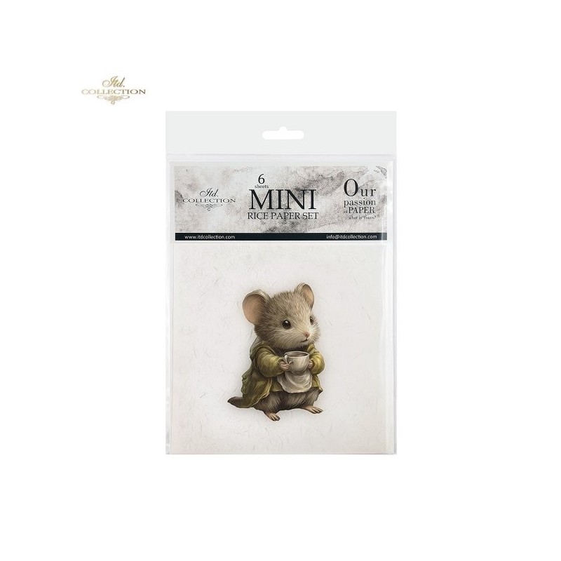 Ratoncitos sobre fondo blanco II. Set de 6 papeles de arroz para decoupage, 14.8 x 14.8 cm. ITD