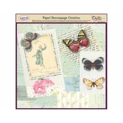 Papel Decoupage. Niña cazando mariposas y texto,  medida 32x31