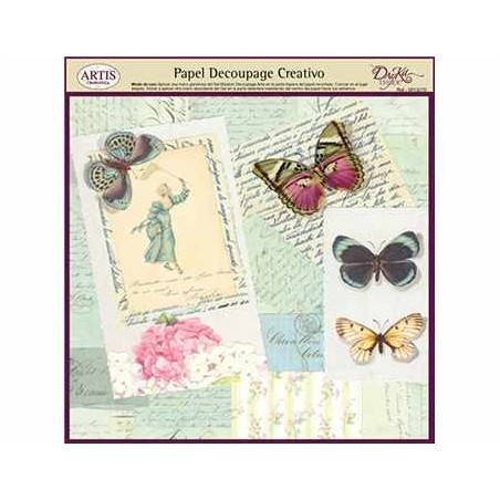 Papel Decoupage. Niña cazando mariposas y texto,  medida 32x31
