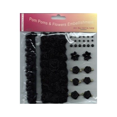 Pompones, flores y perlas:  negras