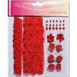 Pompones, flores y perlas:  rojas.