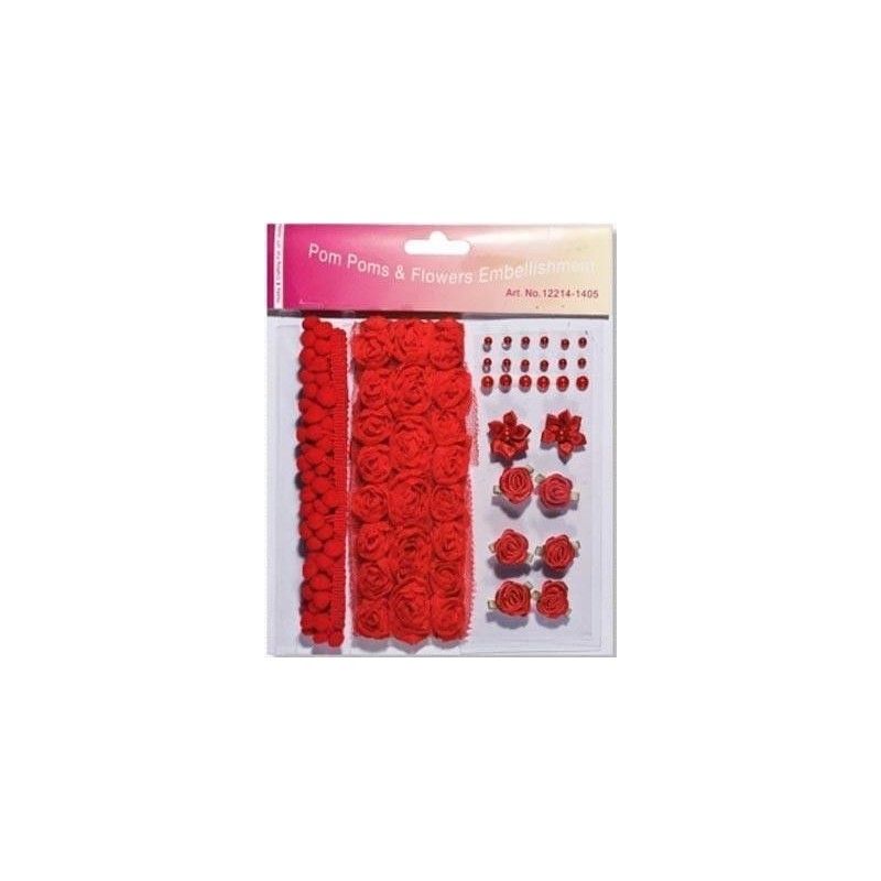 Pompones, flores y perlas:  rojas.