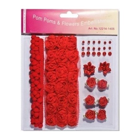 Pompones, flores y perlas:  rojas.