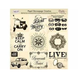Papel Decoupage. Moto, seat seiscientos, gafas ,  medida 32x31