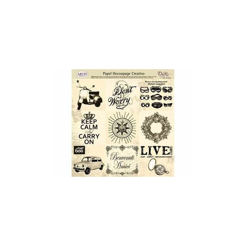 Papel Decoupage. Moto, seat seiscientos, gafas ,  medida 32x31