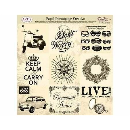 Papel Decoupage. Moto, seat seiscientos, gafas ,  medida 32x31