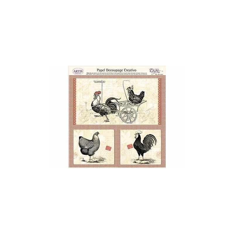 Papel Decoupage. Gallina y gallo,  medida 32x31