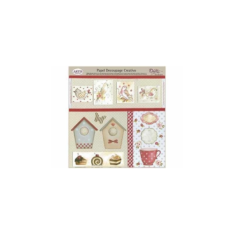 Papel Decoupage. Pájaros y sus casas. Taza y postres  medida 32x31