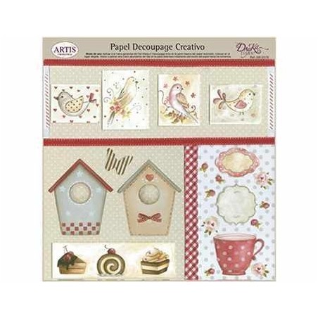 Papel Decoupage. Pájaros y sus casas. Taza y postres  medida 32x31