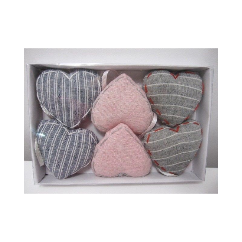 Corazones de tela rosa o gris con lacito para colgar
